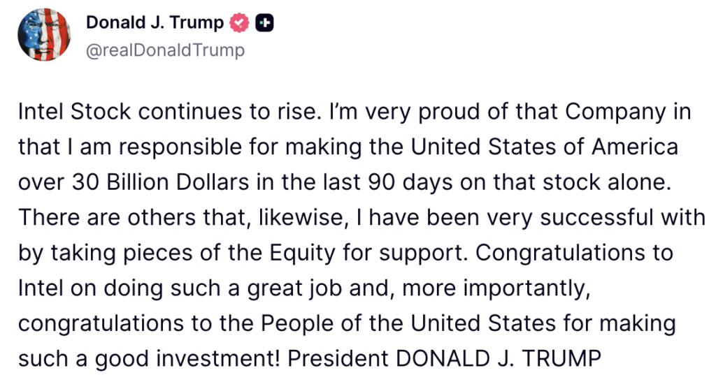 Trump Says US Made Over $30 Billion On Intel Stock In Just 90 Days: ‘I Have Been Very Successful…’