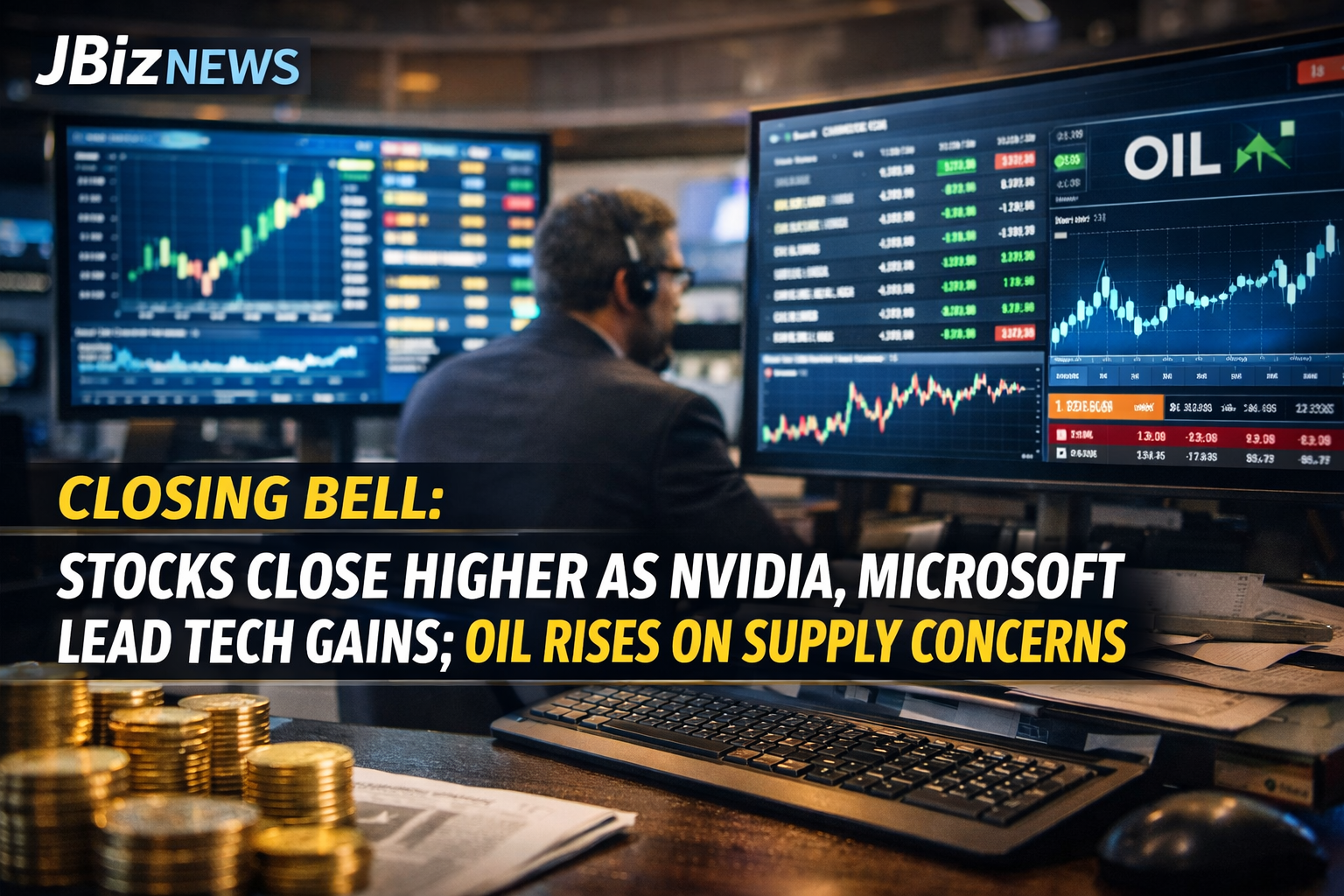 Closing Bell: Stocks Close Higher as Nvidia, Microsoft Lead Tech Gains; Oil Rises on Supply Concerns