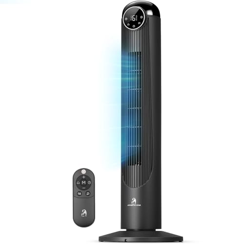 Antarctic Star T36 Tower Fan-36 Inch, Bladeless Oscillating Fan with Remote, 6 Speeds & 4 Modes, LED Display, 9H Timer, Quiet Floor Standing Fan for Bedroom Living Room Office, Black