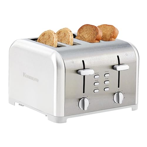 Kenmore Toaster 4 Slice - Extra Wide Slot Countertop Kitchen Appliance, Defrost Function, Grille-Pain, 9 Shade Settings, Compact Design, Easy Clean Crumb Tray, Bread Bagel, Stainless Steel & White