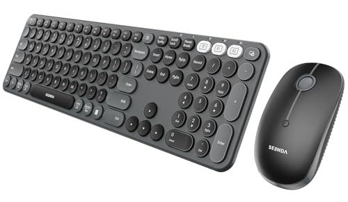 seenda Wireless Bluetooth Keyboard Mouse Combo, COE202 Retro Cute Round Keyboard, Silent Mouse, 3 Multi-Device Connection, Full Size Compatible for PC/Laptop/Mac/MacBook/iPad/Tablet, Black
