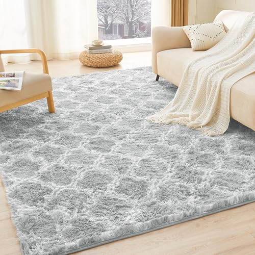 Litanika 8x10 Geometric Shag Area Rug for Bedroom, Light Grey and White High Pile Ultra Soft Plush Shaggy Furry Bedside Playroom Dorm Carpet, Non-Slip, Non-Shedding Indoor Floor Rug