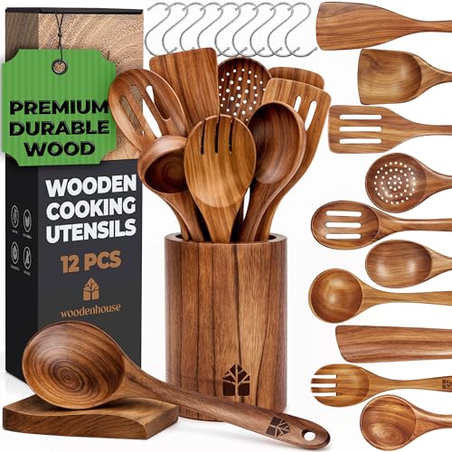 Wooden Spoons for Cooking &ndash; 12 Pcs Teak Wooden Utensil Set, Cooking Utensils Set with Holder, Hooks & Spoon Rest - Heat Resistant, Durable, Nonstick Safe Kitchen Cookware