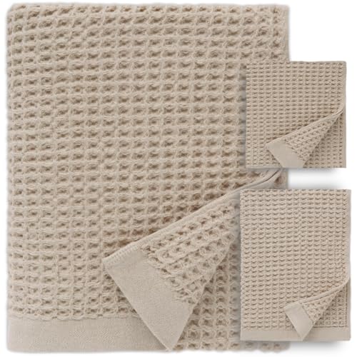 ONSEN Supima&reg; Waffle Bath Sheet Set, Quick Dry Lint Free 100% USA Cotton, Large Bath Sheet Hand and Face Towel Bundle, 3 Piece (Oatmeal, Bath Sheet Set)