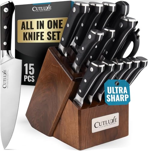 Cutluxe 15-Piece Knife Set &ndash; High Carbon German Steel Blades, Full Tang Design & Ergonomic Pakkawood Handles in Walnut Wood Block &ndash; Artisan Series