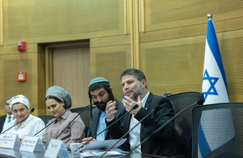  (From R-L) Finance Minister Bezalel Smotrich, MK Zvi Sukkot, MK Limor Son Har-Melech, Settler activist Daniella Weiss, attend a Gaza settlement conference at the Knesset, July 22, 2025. (credit: Chaim Goldberg/Flash90)