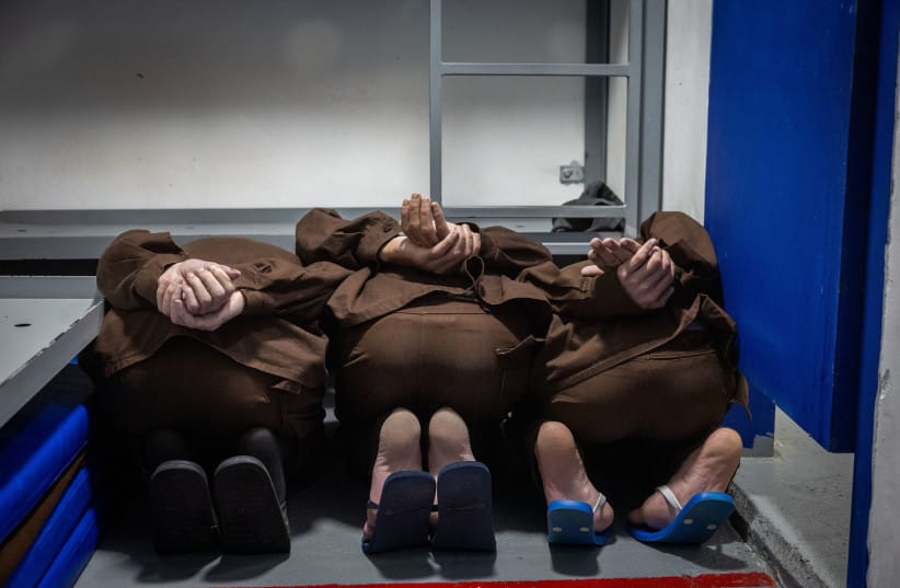 Hamas Nukhba Battalion terrorists who were captured on October 7th massacre seen in a jail cell at a prison in central Israel, where high risk Hamas and Hezbollah prisoners captured in recent war are being held, March 4, 2025. (credit: CHAIM GOLDBEG/FLASH90)