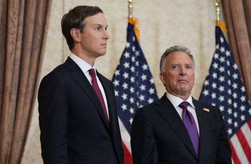 Jared Kushner and Steve Witkoff, Special Envoy for Peace Missions listen as Vice President JD Vance speaks during a news conference after meeting with representatives from Pakistan and Iran, Sunday, April 12, 2026, in Islamabad, Pakistan. (credit: Jacquelyn Martin/Pool via REUTERS)