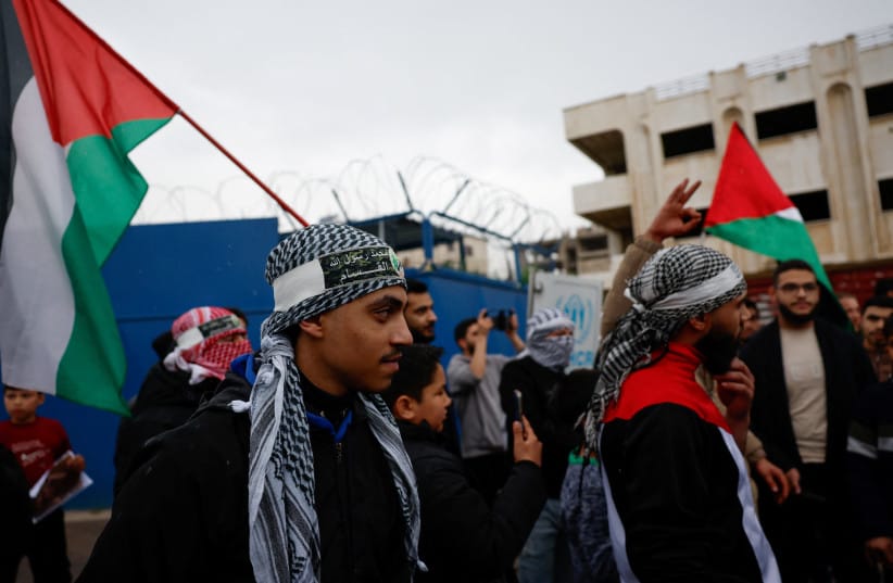 PROTESTERS GATHER outside the office of the United Nations High Commissioner for Refugees to condemn the Israeli death penalty law for Palestinians convicted of lethal attacks, in Damascus, Syria, April 1, 2026. (credit: REUTERS/YAMAM AL SHAAR)