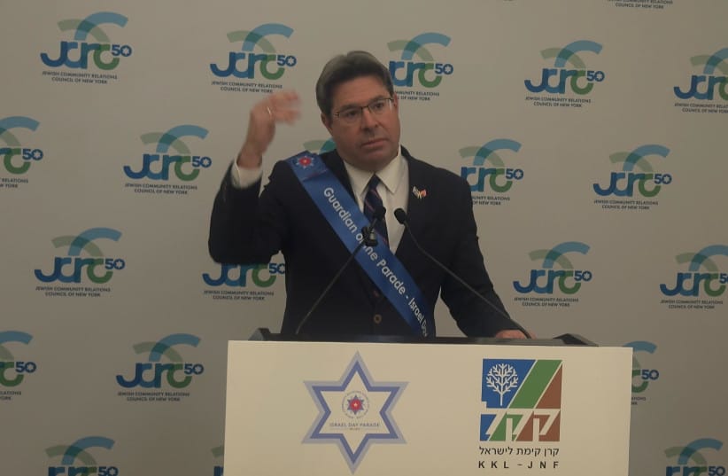 ISRAEL'S CONSUL-GENERAL in New York, Ofir Akunis, gives a speech before the Israel Day Parade in New York City, May 31, 2026. (credit: Courtesy)