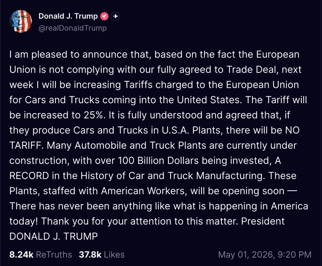 Trump Says EU ‘Not Complying’ With Trade Deal, Announces 25% Tariffs On Cars, Trucks