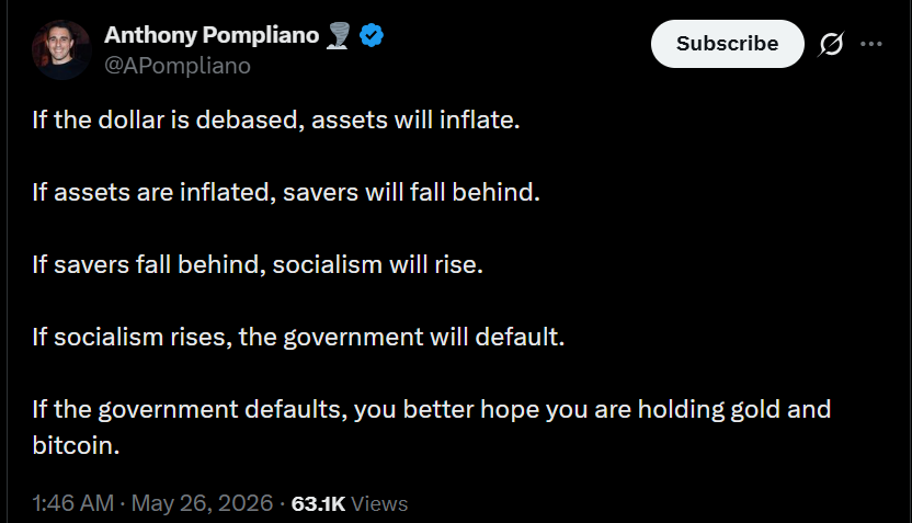 Anthony Pompliano Pitches Gold, Bitcoin As Hedges Against Dollar Debasement: ‘If The Government Defaults, You Better…’