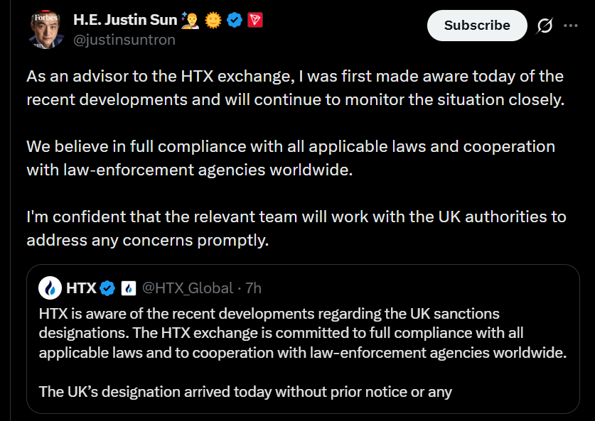 Crypto Billionaire Justin Sun Promises ‘Full Compliance’ After Crypto Exchange He Backs Sanctioned Over Alleged Russia Ties