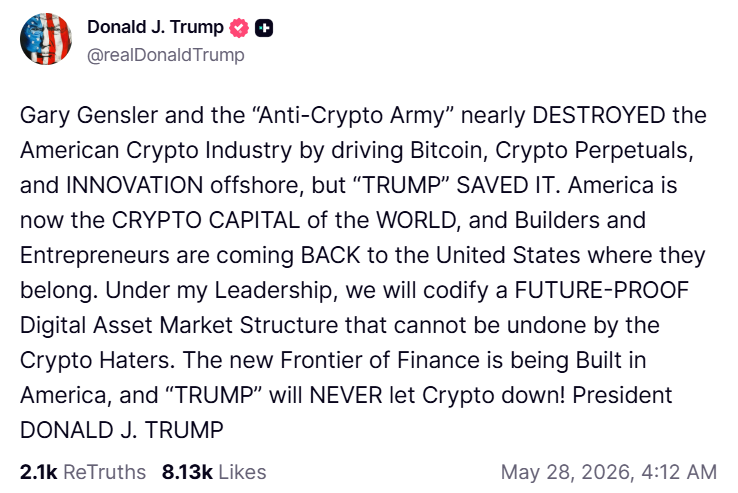 Trump Says He’ll ‘Never Let Crypto Down,’ Promises ‘Future Proof’ Market Structure: ‘New Frontier Of Finance Is Being Built’