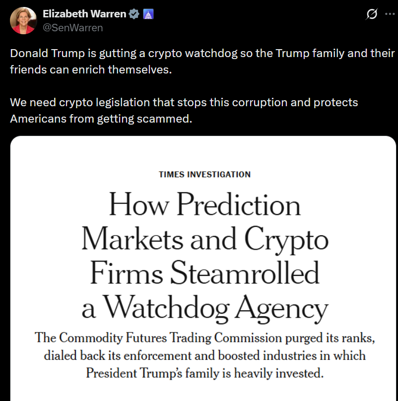 Elizabeth Warren Says Trump ‘Gutting’ Regulator To ‘Enrich’ Family And Friends: ‘Need Crypto Legislation That Stops This Corruption’