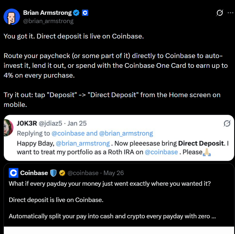 Brian Armstrong Says You Can Now Route Your Paycheck Directly To Coinbase For Automatic Crypto Investments: Here’s How It Works