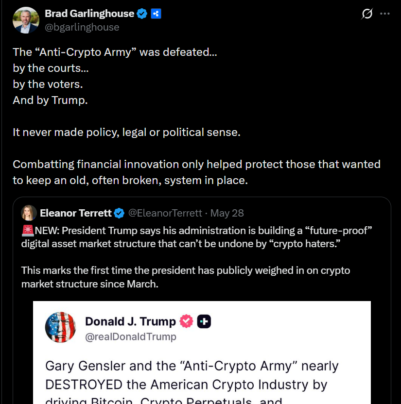 ‘The Anti-Crypto Army Was Defeated,’ Says Ripple CEO Brad Garlinghouse, Credits Trump For The Win