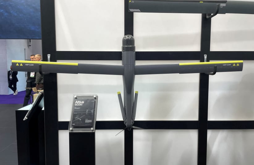 An Anduril Industries Altius 600M drone is displayed at the Defence and Security Equipment International (DSEI) trade exhibition in London, Britian, September 10, 2025 (credit: REUTERS)