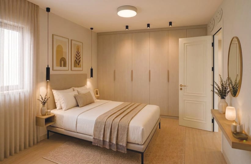 Mamad Bedroom complete with ensuite bathroom with shower, by architect/interior designer Ahuva Rhein of Ahuva Design With Purpose. (credit: Courtesy Ahuva Design With Purpose)