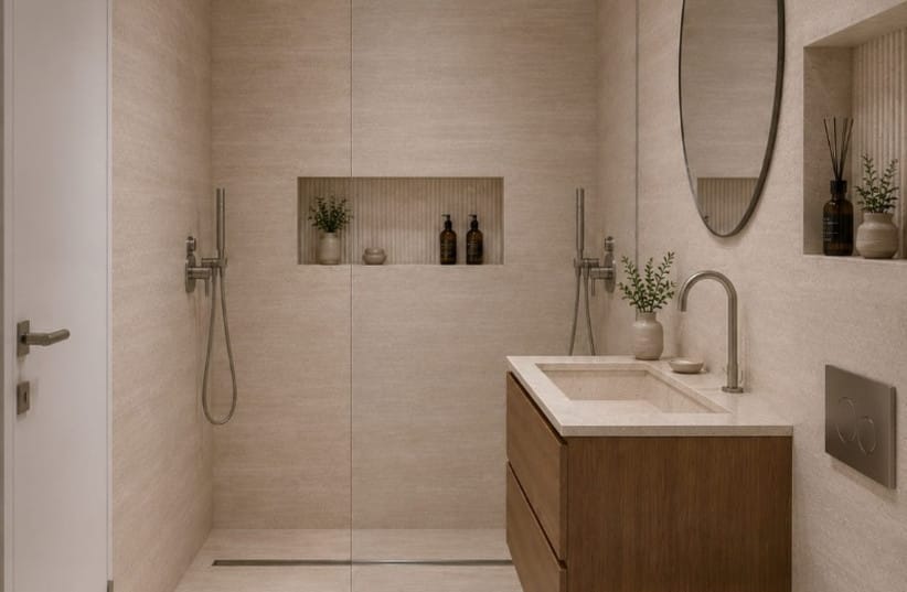 Mamad bedroom complete with ensuite bathroom with shower, by architect/interior designer Ahuva Rhein of Ahuva Design With Purpose. (credit: Courtesy Ahuva Design With Purpose)