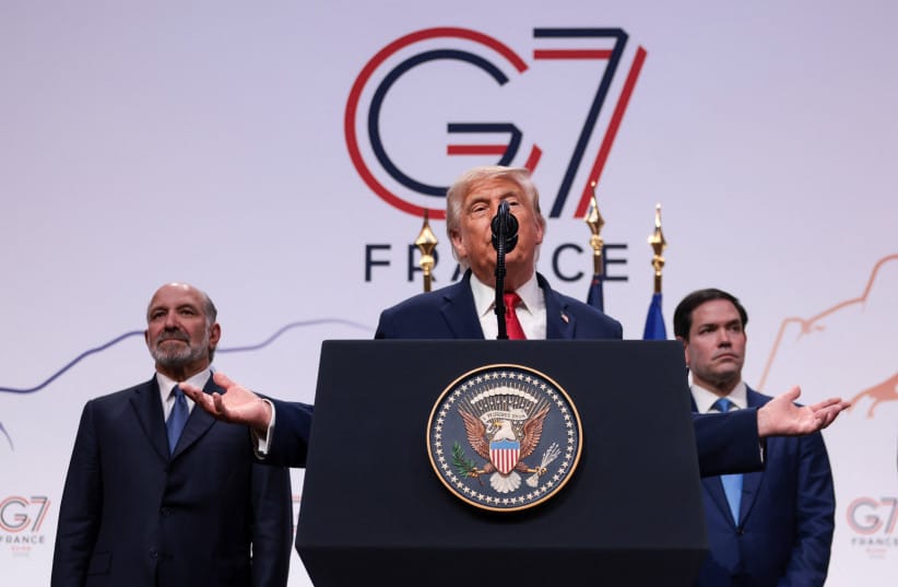 US PRESIDENT Donald Trump, flanked by Secretary of State Marco Rubio and Commerce Secretary Howard Lutnick speaks during a press conference, during the G7 Summit in Evian-les-Bains, France, June 17, 2026. (credit: REUTERS/EVELYN HOCKSTEIN) US PRESIDENT Donald Trump, flanked by Secretary of State Marco Rubio and Commerce Secretary Howard Lutnick speaks during a press conference, during the G7 Summit in Evian-les-Bains, France, June 17, 2026. (credit: REUTERS/EVELYN HOCKSTEIN)