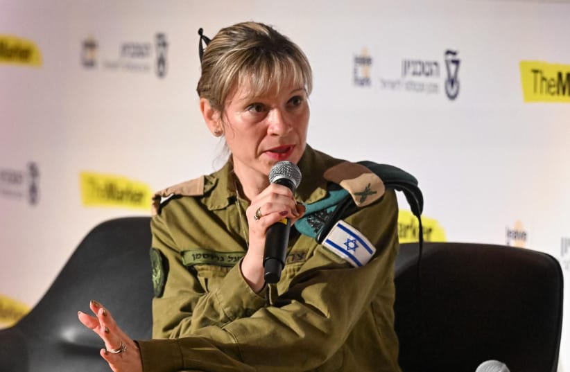 IDF Technology and Digital Chief Brig.-Gen. Yael Grosman speaks during a conference (credit: RAMI SHELUSH/THE MARKER/VIA IDF SPOKESPERSON'S UNIT)