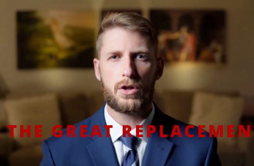 Austin Lee, a Tennessee Republican who distributed antisemitic mailers, promotes the Great Replacement theory in a social media video, June 16, 2026.  (credit: X/Screenshot via JTA)