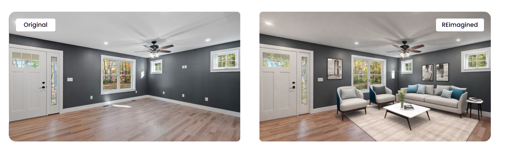 Before and after virtual staging photos from REimagineHome.