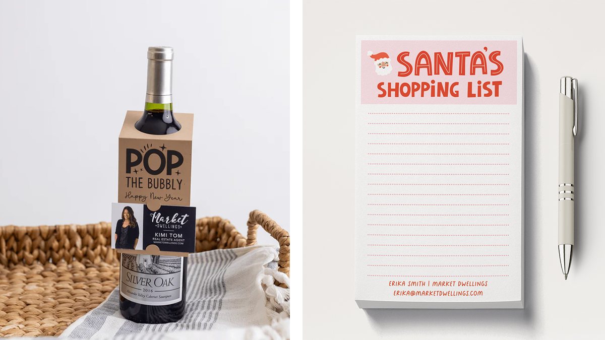Wine and notepads with pen as seasonal gifts from Market Dwellings.