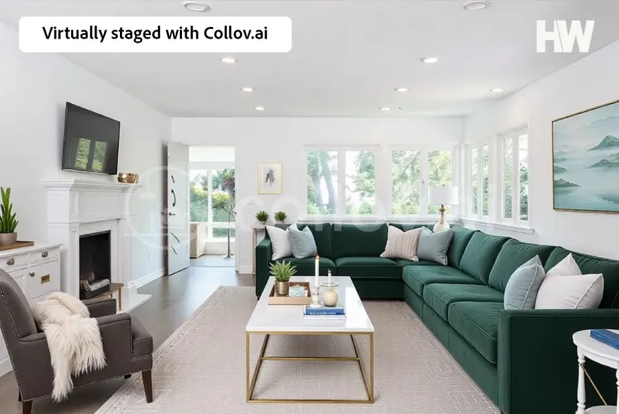Virtually staged living room with a green sofa
Caption: Living room with furniture removed and AI staging by Collov AI