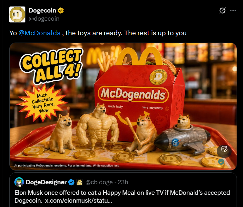 Dogecoin Teases ‘McDogenalds’ Happy Meal, Tells McDonald’s ‘Rest Is Up To You’ After Elon Musk Reiterates His 2022 Promise