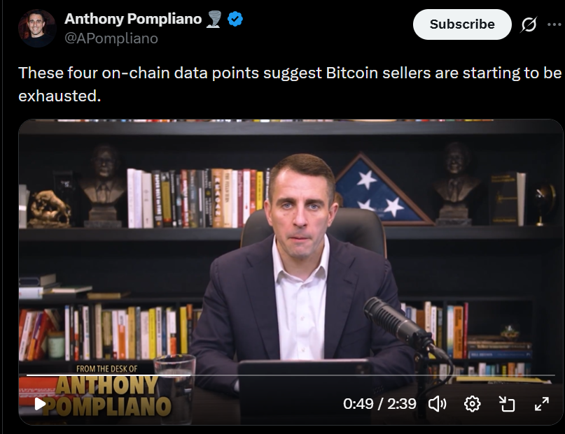 Anthony Pompliano Says Bitcoin Sellers Are ‘Starting To Be Exhausted’ As BTC Plunges Below $70,000 After Late Monday Crash