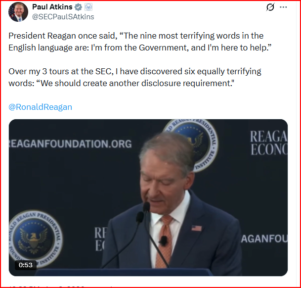 SEC Chair Paul Atkins Invokes Reagan’s ‘Nine Most Terrifying Words’ In Sharp Rebuke Of Regulatory Pressure: ‘I Have Discovered…’
