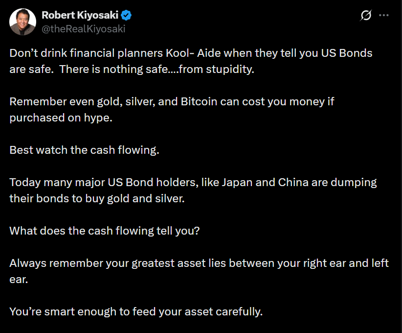 ‘Rich Dad Poor Dad’ Author Robert Kiyosaki Warns Against Buying Bitcoin, Gold, Silver On Hype: ‘There Is Nothing Safe….from Stupidity’