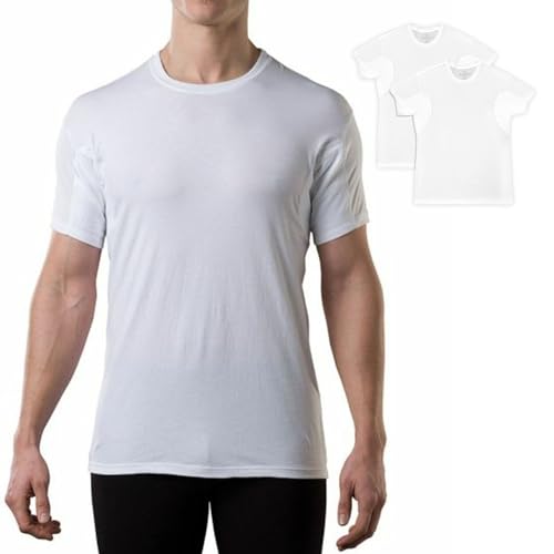 Men's Sweatproof Undershirt - Cotton Crew Neck T-Shirt with Underarm Sweat Pads - Original Fit - Aluminum-Free Alternative - White 2-Pack - Medium