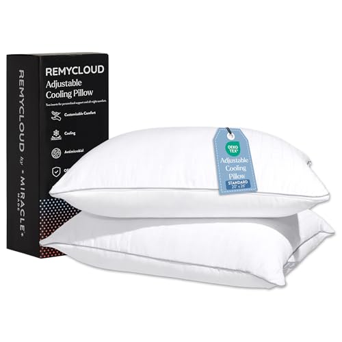 Miracle Made RemyCloud Adjustable Cooling Pillow&ndash; Dual-Sided, Instant-Cool Fabric & Breathable Cotton Covers &ndash; Moisture-Absorbent, Machine Washable Loft with 2 Removable Inserts Each (2, Standard)