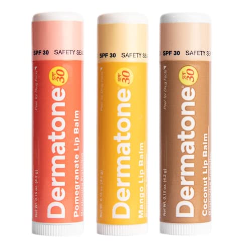 Dermatone Lip Balm Fruit Variety Pack | Moisturizing Lip Care | Soothes & Heals Dry, Chapped Lips | SPF 30 | Aloe, Tea Tree Oil | 3-Pack (Coconut, Mango, Green Tea)