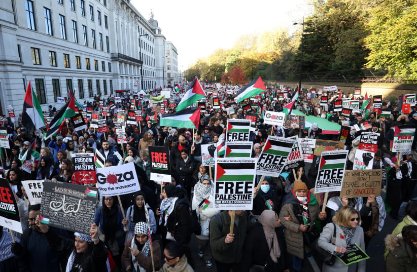  Demonstrators protest in solidarity with Palestinians in Gaza, in London, in January. (credit: HOLLIE ADAMS/REUTERS)