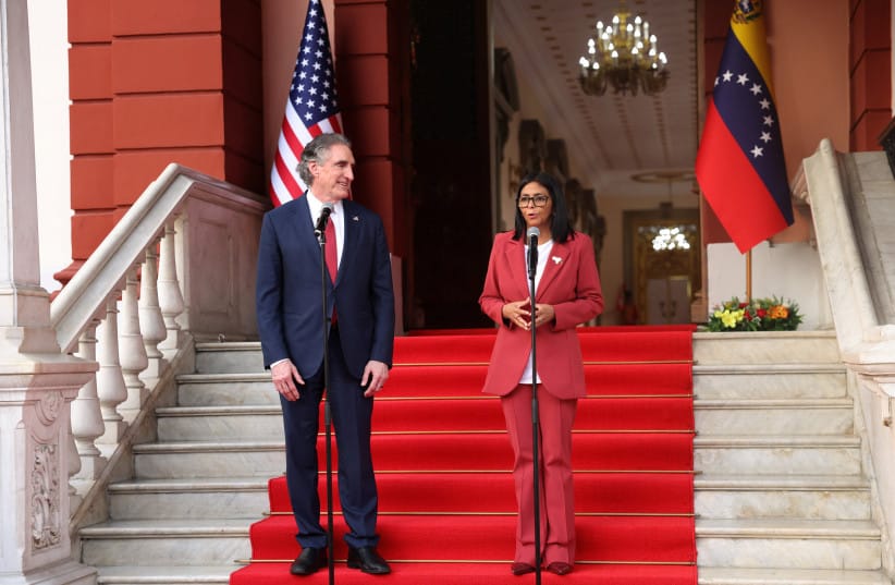Venezuela's interim President Delcy Rodriguez delivers a statement as she stands next to US Interior Secretary Doug Burgum at Miraflores Palace, in Caracas, Venezuela, March 4, 2026. (credit: REUTERS/LEONARDO FERNANDEZ VILORIA)