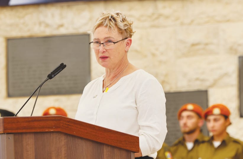 Iris Haim speaks during a state memorial ceremony for civilians murdered on Oct. 7, at  Jerusalem&rsquo;s Mount Herzl, Oct. 2024. (credit: MARC ISRAEL SELLEM)