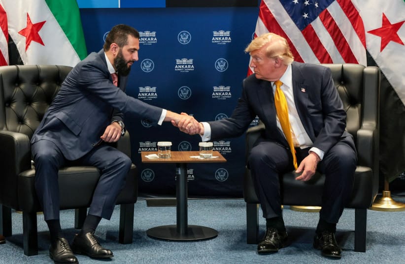 US President Donald Trump shakes hands with Syrian President Ahmed al-Sharaa during a bilateral meeting alongside the NATO leaders summit at the Bestepe Presidential Compound in Ankara, Turkey, July 8, 2026. (credit: REUTERS/Jonathan Ernst TPX IMAGES OF THE DAY) US President Donald Trump shakes hands with Syrian President Ahmed al-Sharaa during a bilateral meeting alongside the NATO leaders summit at the Bestepe Presidential Compound in Ankara, Turkey, July 8, 2026. (credit: REUTERS/Jonathan Ernst TPX IMAGES OF THE DAY)