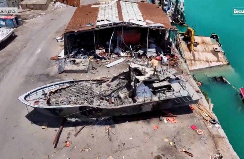 An aerial view shows a damaged boat, as Iran-aligned Houthis seized control of Yemen's port city of Mocha on Thursday, in Mocha, Yemen, in its screengrab taken from a handout video released on September 12, 2026.  (credit: AL MASIRAH/Handout via REUTERS)