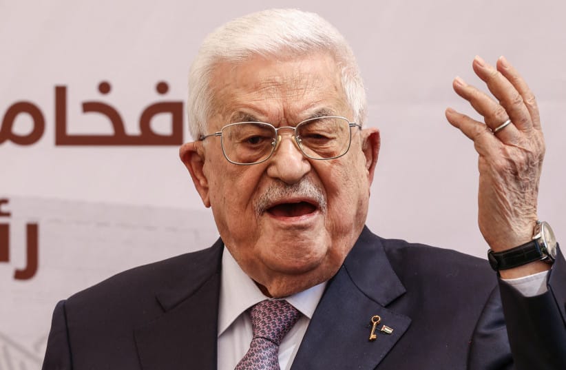 Palestinian President Mahmoud Abbas speaks during the foundation stone ceremony of the Innovation and Excellence Compound in the West Bank city of Ramallah on September 9, 2026; illustrative (credit: Zain JAAFAR / AFP via Getty Images)