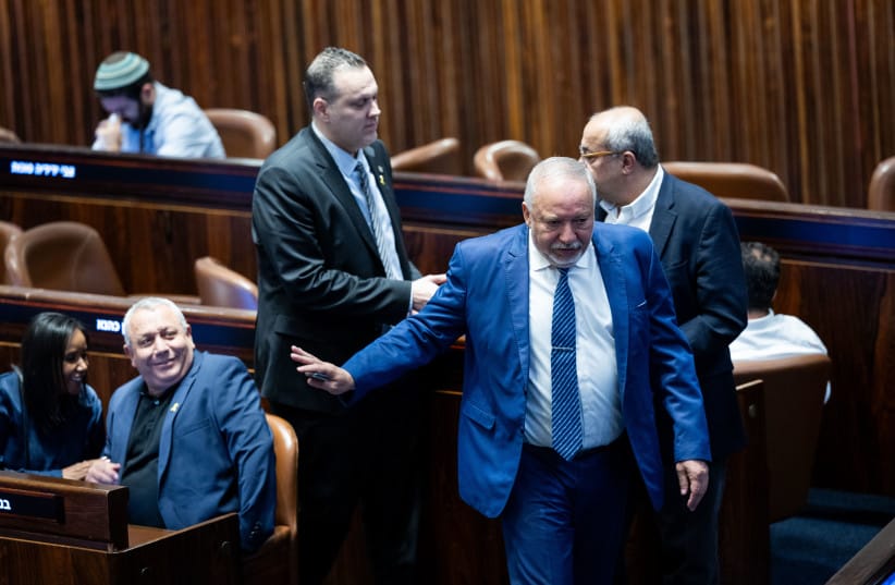 MK Avigdor Liberman and MK Gadi Eisenkot at a plenum session at the assembly hall of the Knesset, the Israeli parliament in Jerusalem, September 9, 2024.  (credit: YONATAN SINDEL/FLASH90)