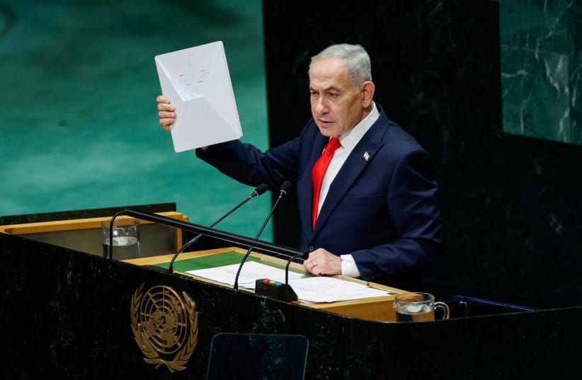 Prime Minister Benjamin Netanyahu holds a Starlink device as he addresses the 81st United Nations General Assembly (UNGA) at UN headquarters in New York City, US, September 24, 2026 (credit: REUTERS/EDUARDO MUNOZ) Prime Minister Benjamin Netanyahu holds a Starlink device as he addresses the 81st United Nations General Assembly (UNGA) at UN headquarters in New York City, US, September 24, 2026 (credit: REUTERS/EDUARDO MUNOZ)