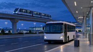 Generic illustration of an airport shuttle bus, elevated train and suitcase at a terminal at night.