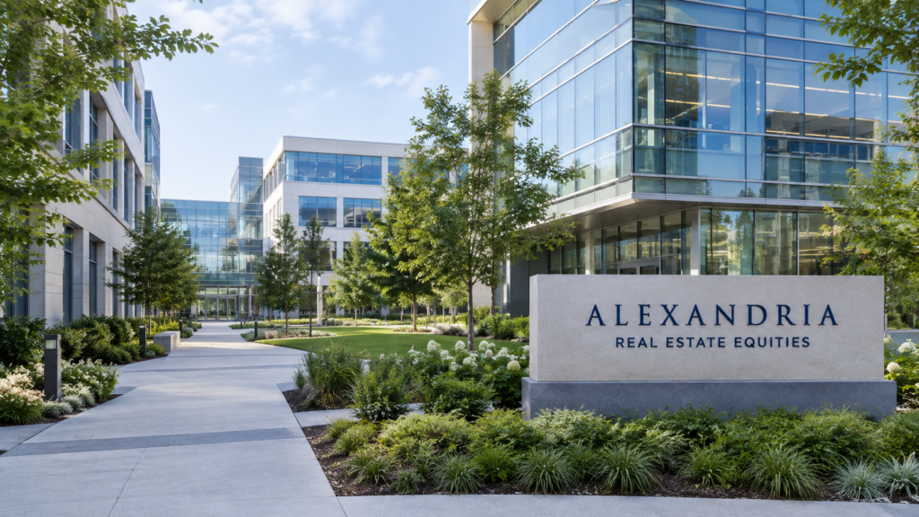 Alexandria Real Estate Equities sign beside a landscaped laboratory campus