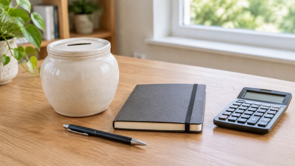 Savings jar, notebook and calculator on a household desk.