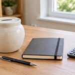 Savings jar, notebook and calculator on a household desk.
