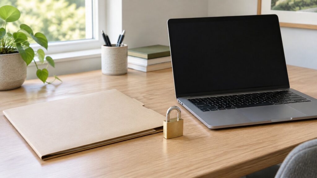 Closed document folder, padlock and laptop on a home desk.